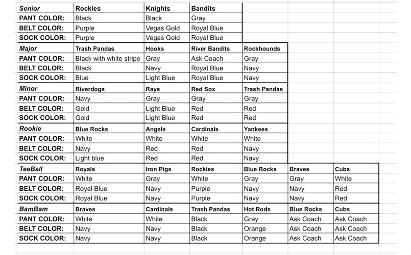 Pant/Sock/Belt Colors 